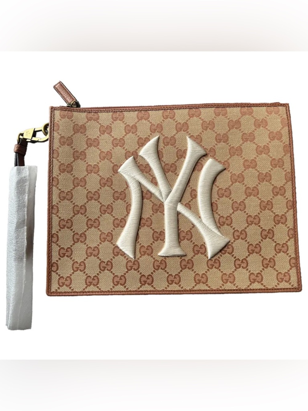 Gucci Tan & Beige GG Canvas Wristlet with Gold Hardware